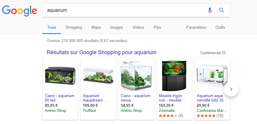 résultats Google Shopping